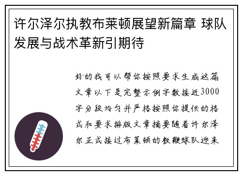 许尔泽尔执教布莱顿展望新篇章 球队发展与战术革新引期待